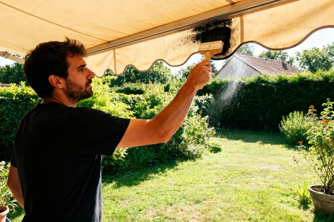 Homme utilisant une brosse pour nettoyer un store banne dans un jardin verdoyant