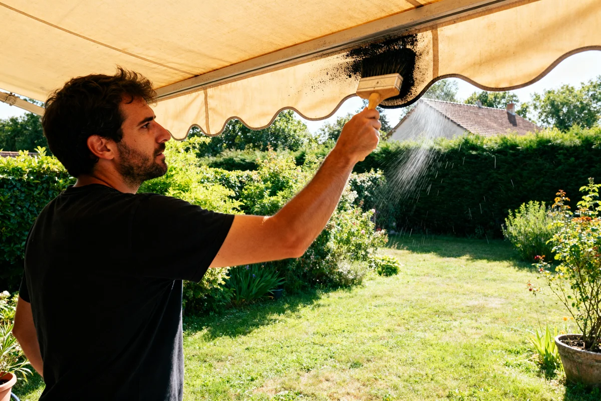 Homme utilisant une brosse pour nettoyer un store banne dans un jardin verdoyant