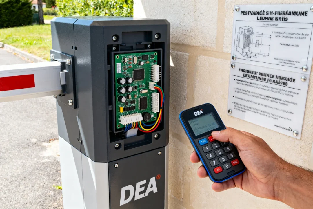 Module électronique moteur DEA portail battant avec télécommande et notice technique en arrière-plan