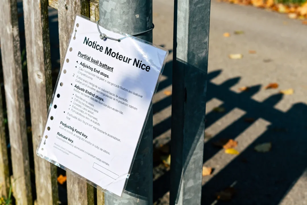 Notice moteur Nice portail battant attachée sur un poteau métallique près de feuilles mortes