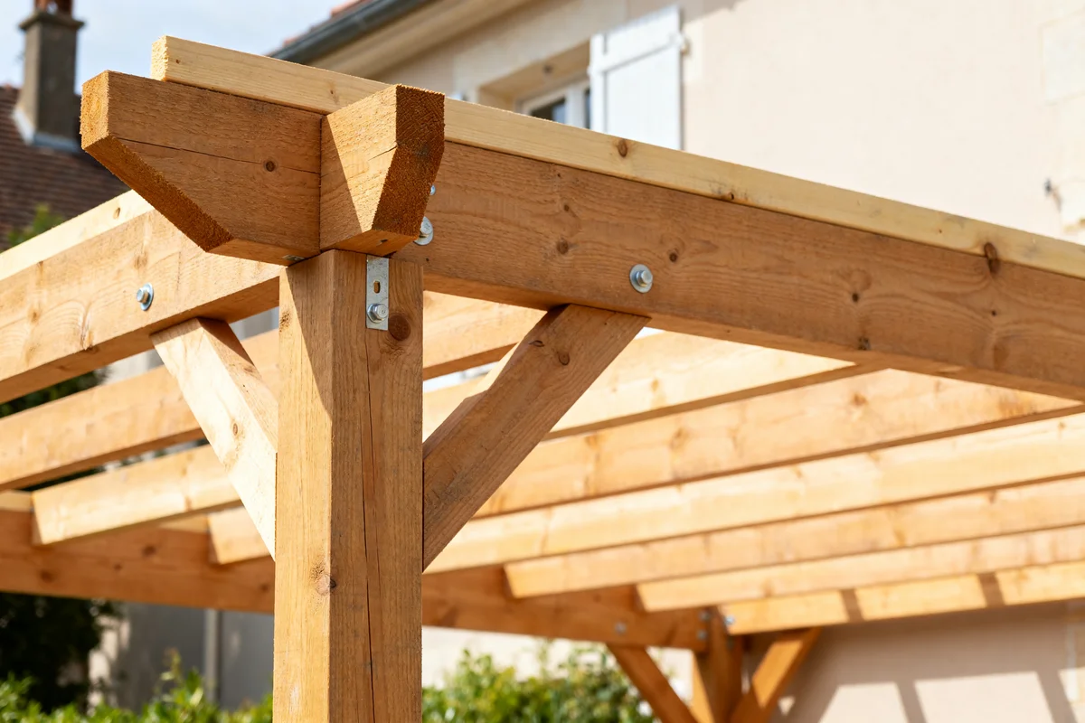 Structure de pergola bois fabrication maison avec charpente visible et maison en arrière-plan