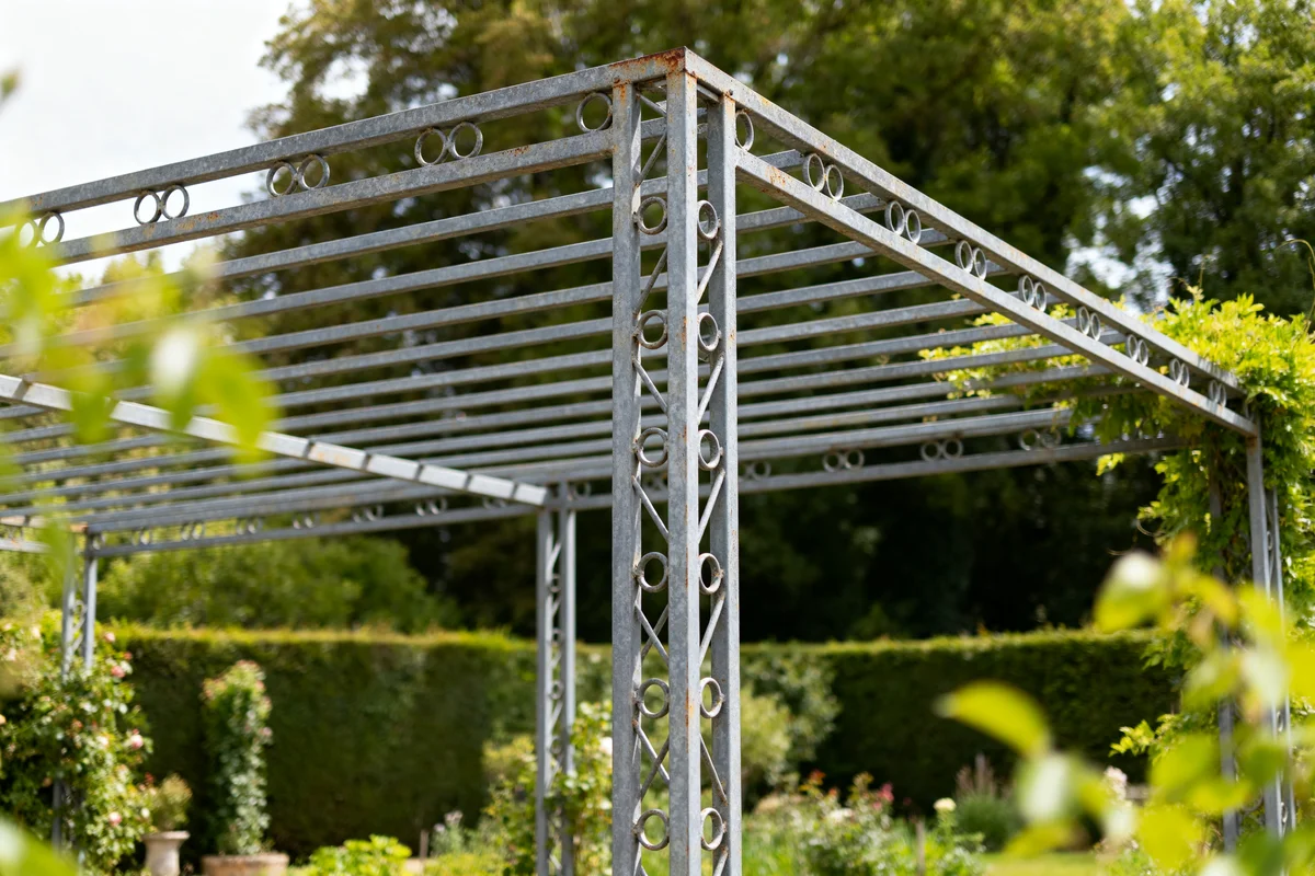 Structure de pergola metal moderne dans un jardin verdoyant avec plantes et arbres alentours