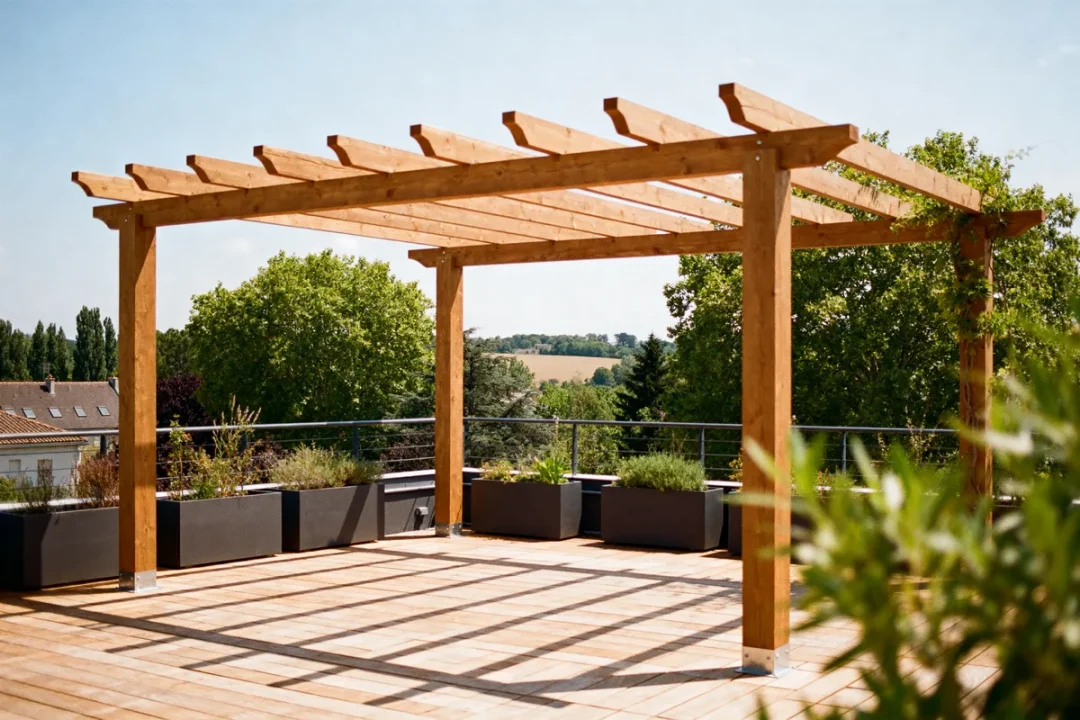 Pergola en bois sur une terrasse ensoleillée avec jardinières et vue sur paysages verdoyants