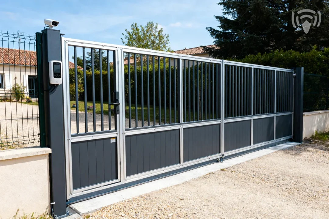 Grand portail 5 m battant en métal gris dans une entrée de maison sécurisée