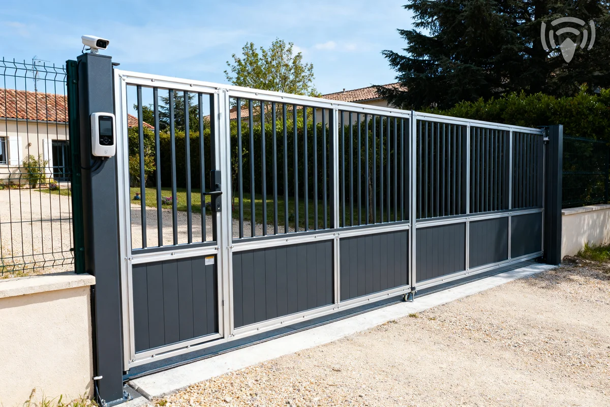 Grand portail 5 m battant en métal gris dans une entrée de maison sécurisée