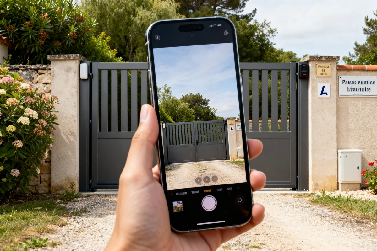 Main tenant un smartphone devant un portail battant gris moderne testé avec application mobile
