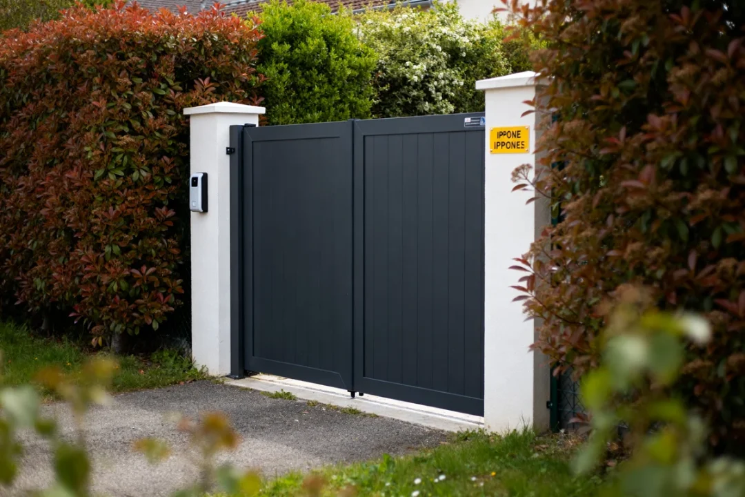 Portail électrique gris avec interphone entouré de haies prix abordable pour maison moderne