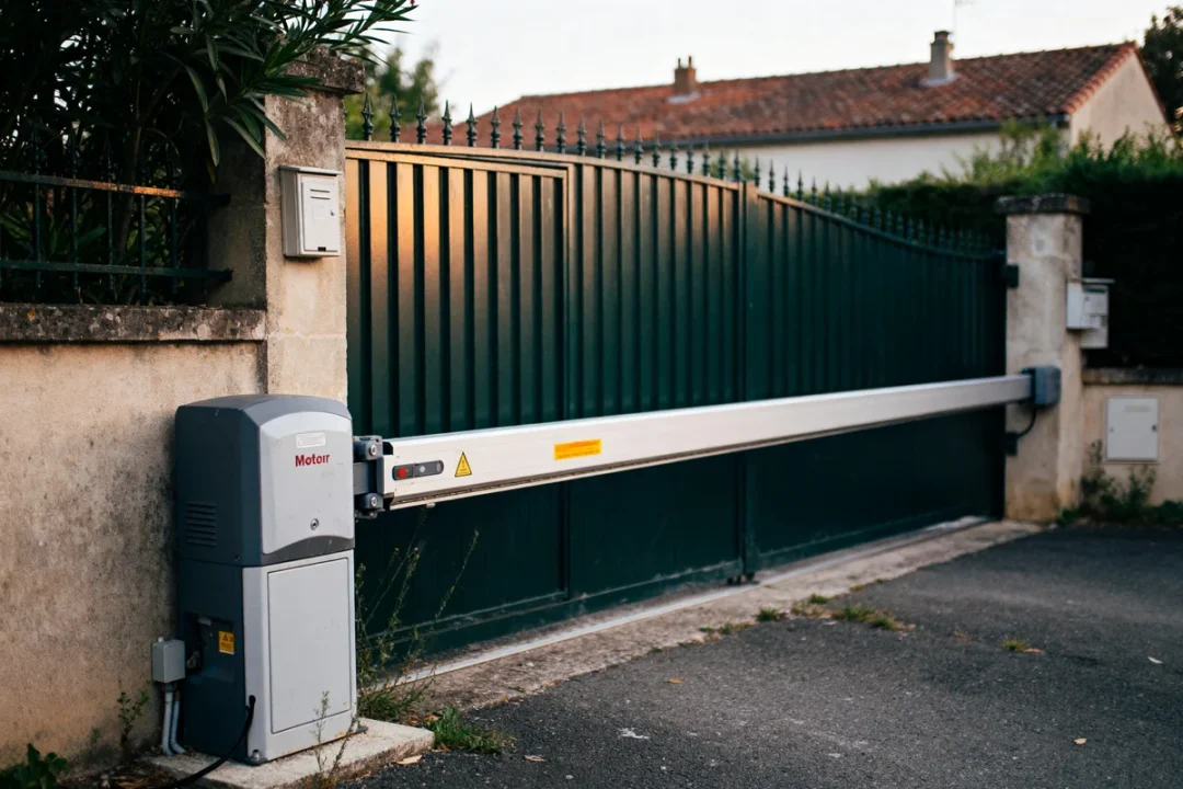 Portail motorisé avec moteur électrique visible pour illustrer portail motorisé prix compétitif.