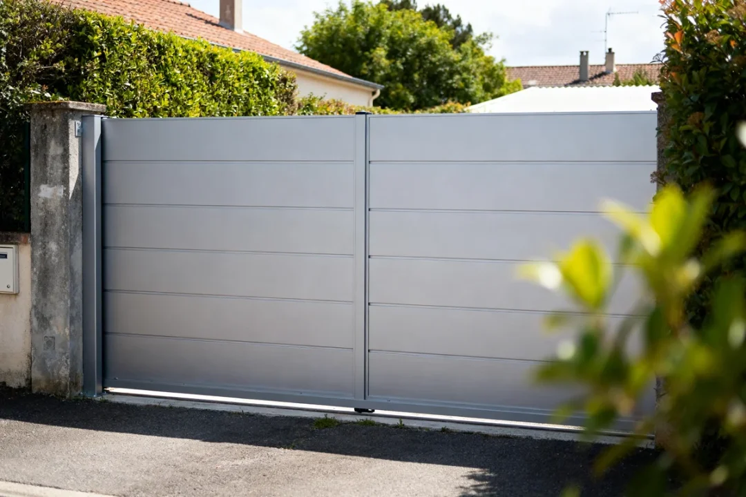 Portail sur mesure aluminium moderne et robuste avec haies et maison en arrière-plan
