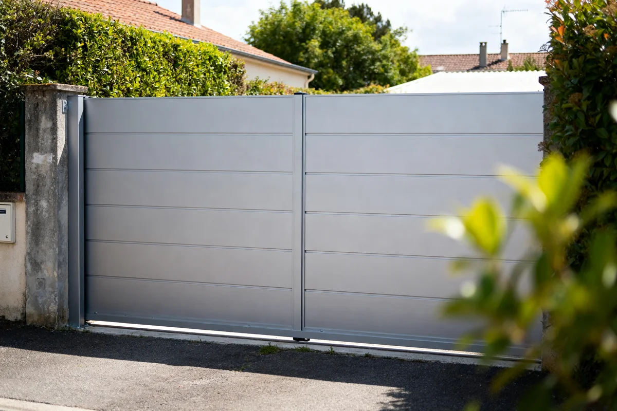 Portail sur mesure aluminium moderne et robuste avec haies et maison en arrière-plan
