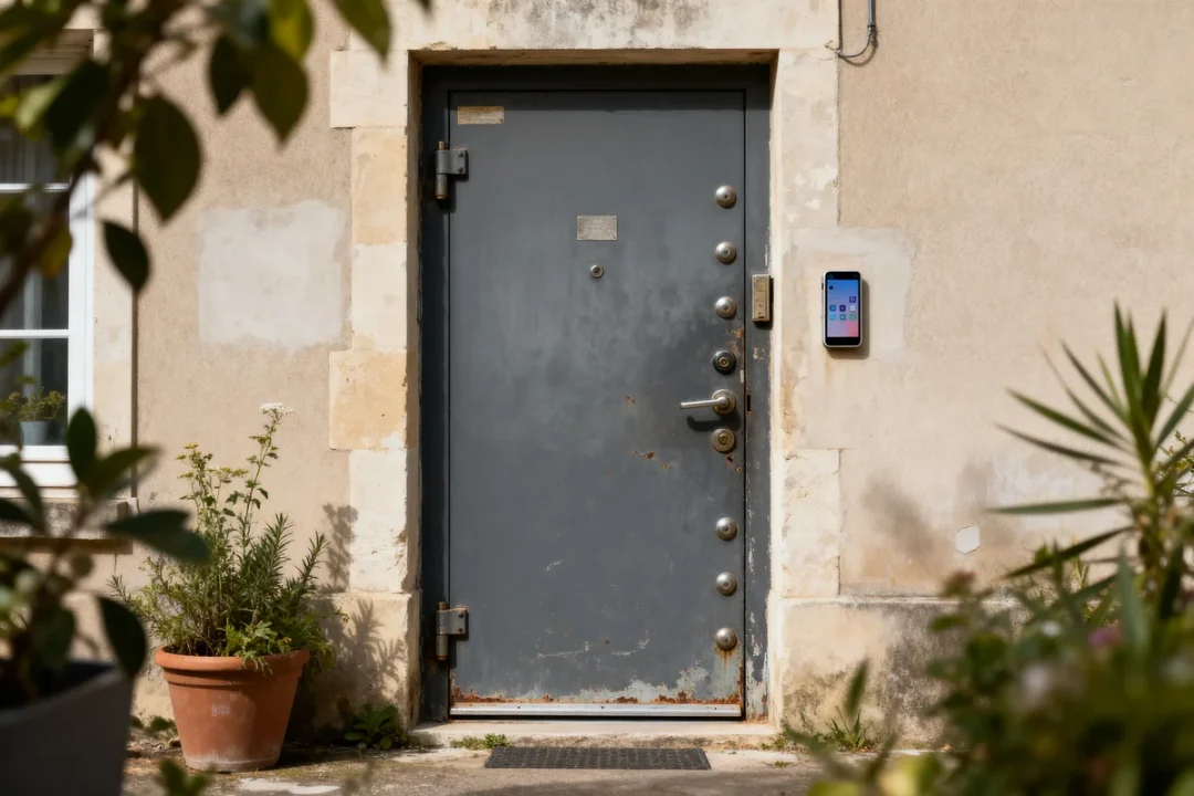 Porte blindée 5 points prix visible sur mur beige avec écran tactile extérieur