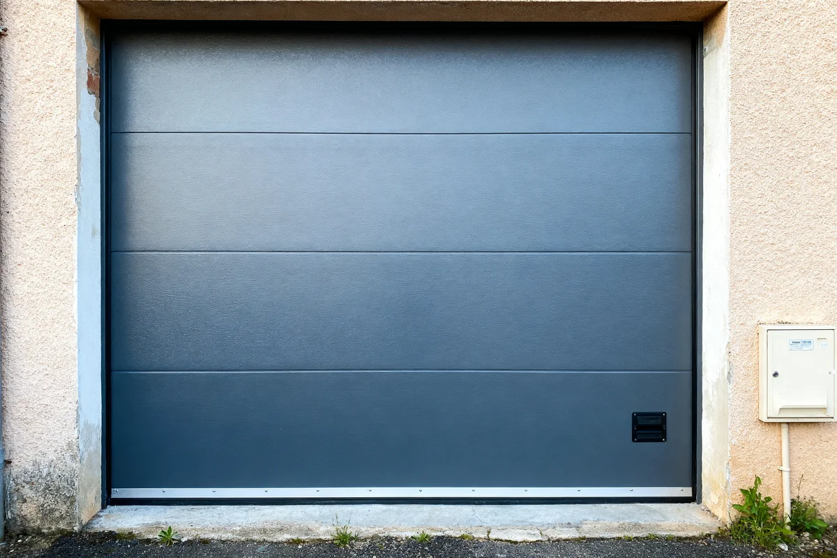 Porte de garage sectionnelle sur mesure prix gris moderne installée dans un mur beige clair