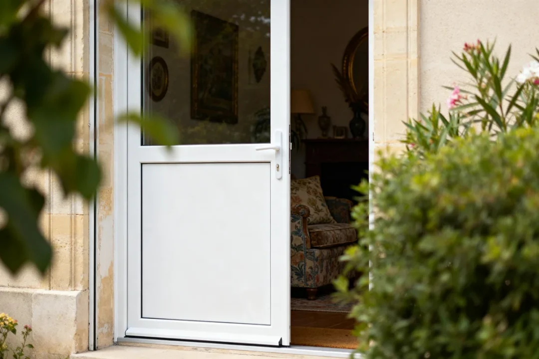 Porte d'entrée alu blanc ouverte sur un salon élégant avec canapé fleuri visible