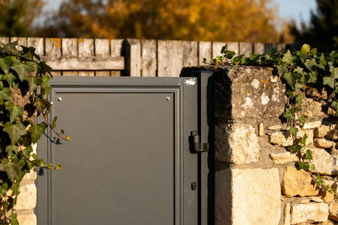 Porte d'entrée alu gris anthracite encadrée de pierres et lierre grimpant
