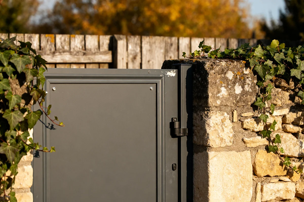 Porte d'entrée alu gris anthracite encadrée de pierres et lierre grimpant