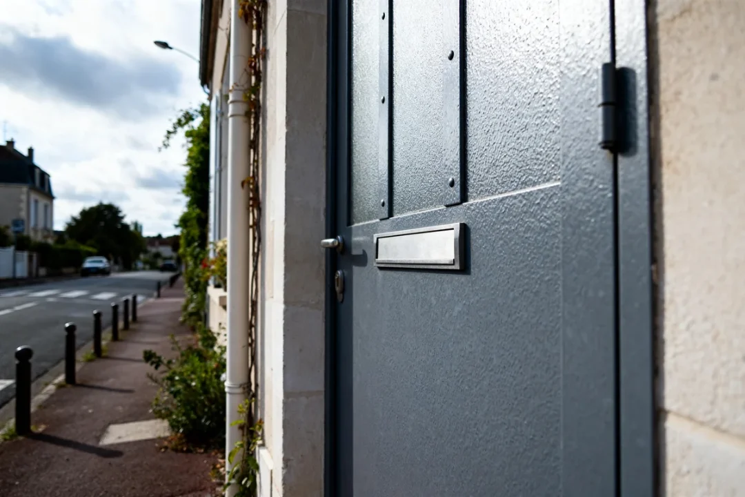 Porte d'entrée alu prix abordable en ville résidentielle vue de près
