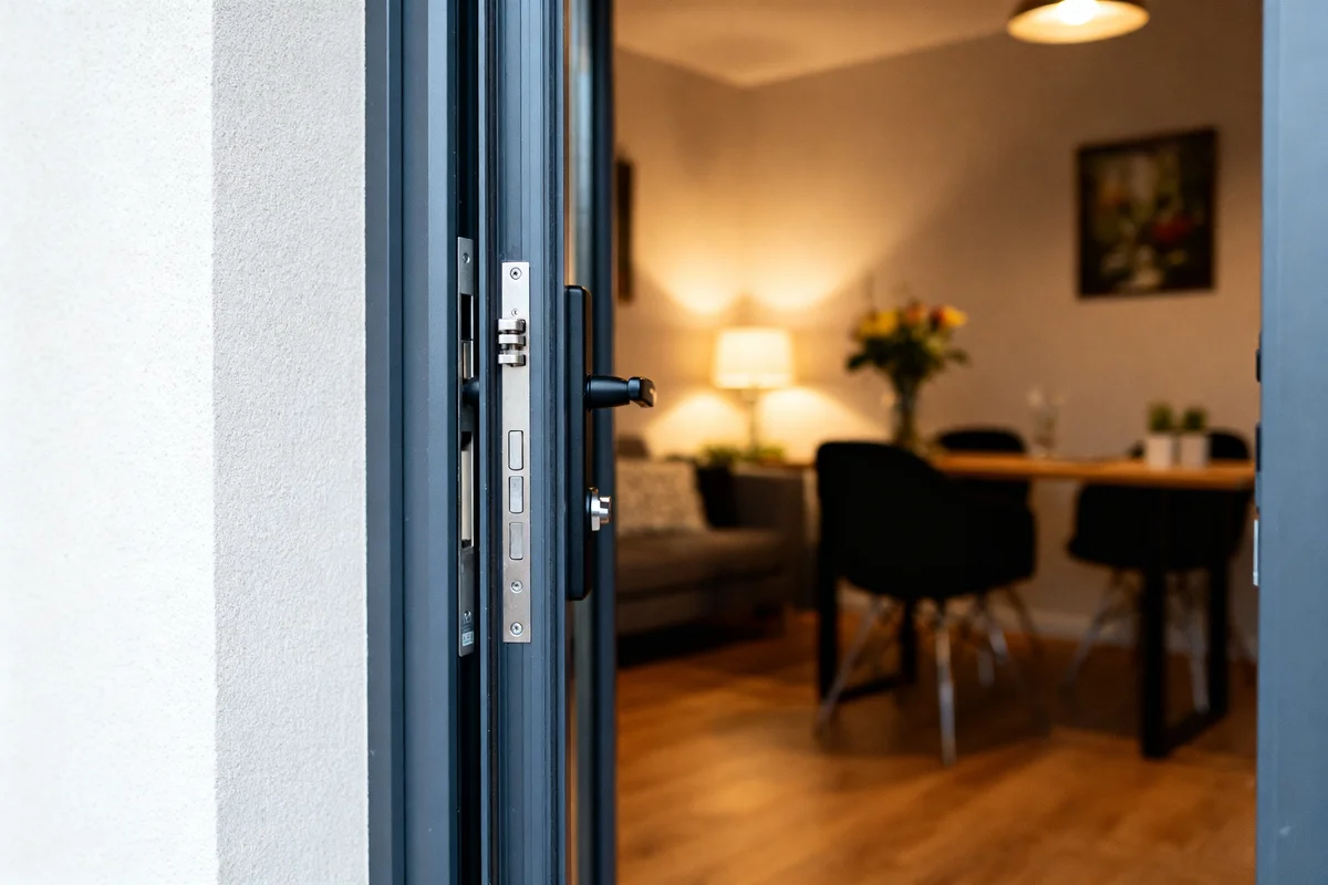 Vue intérieure d'une porte d'entrée alu ouverte vers un salon moderne éclairé