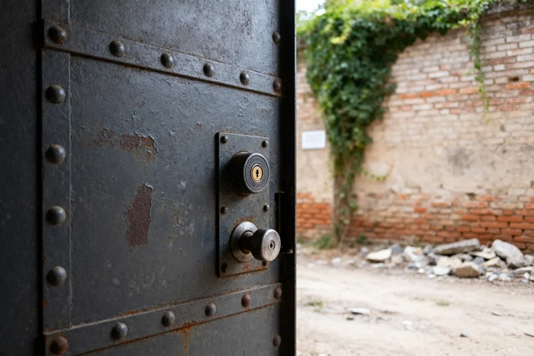 Porte d'entrée blindée métallique avec serrure visible dans un environnement extérieur rustique