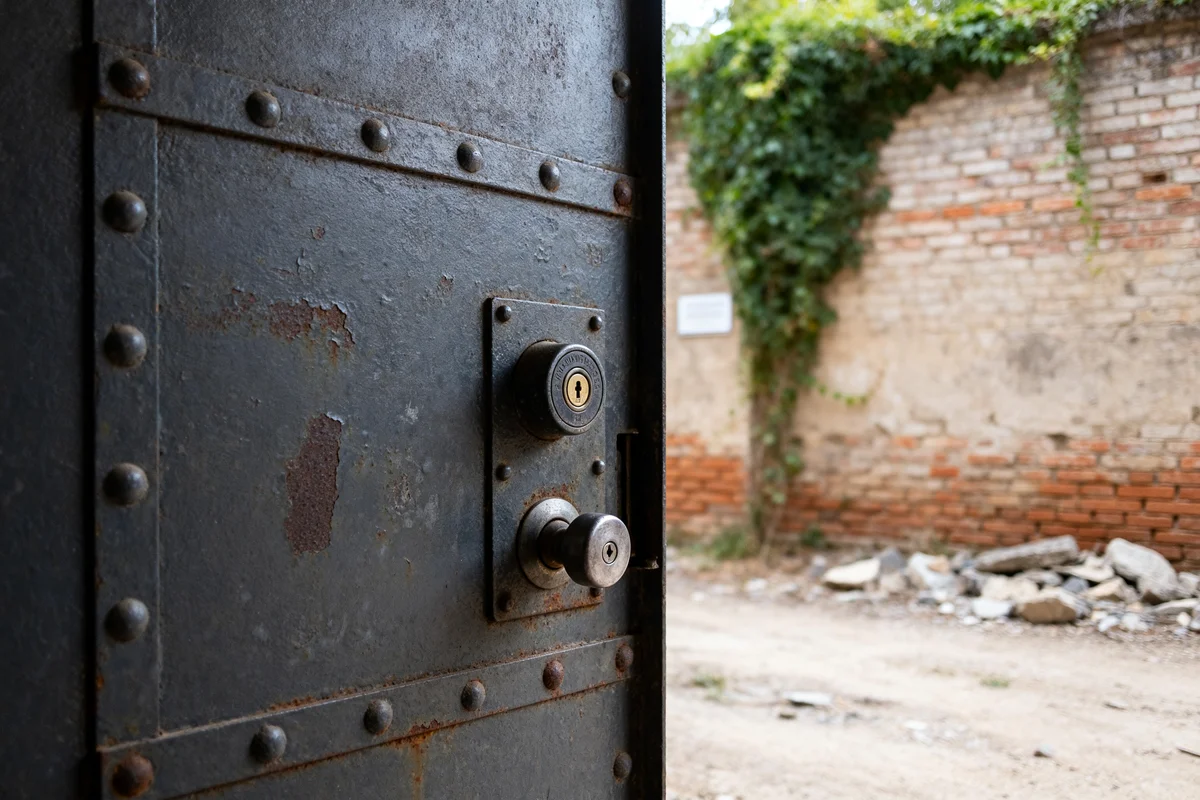 Porte d'entrée blindée métallique avec serrure visible dans un environnement extérieur rustique