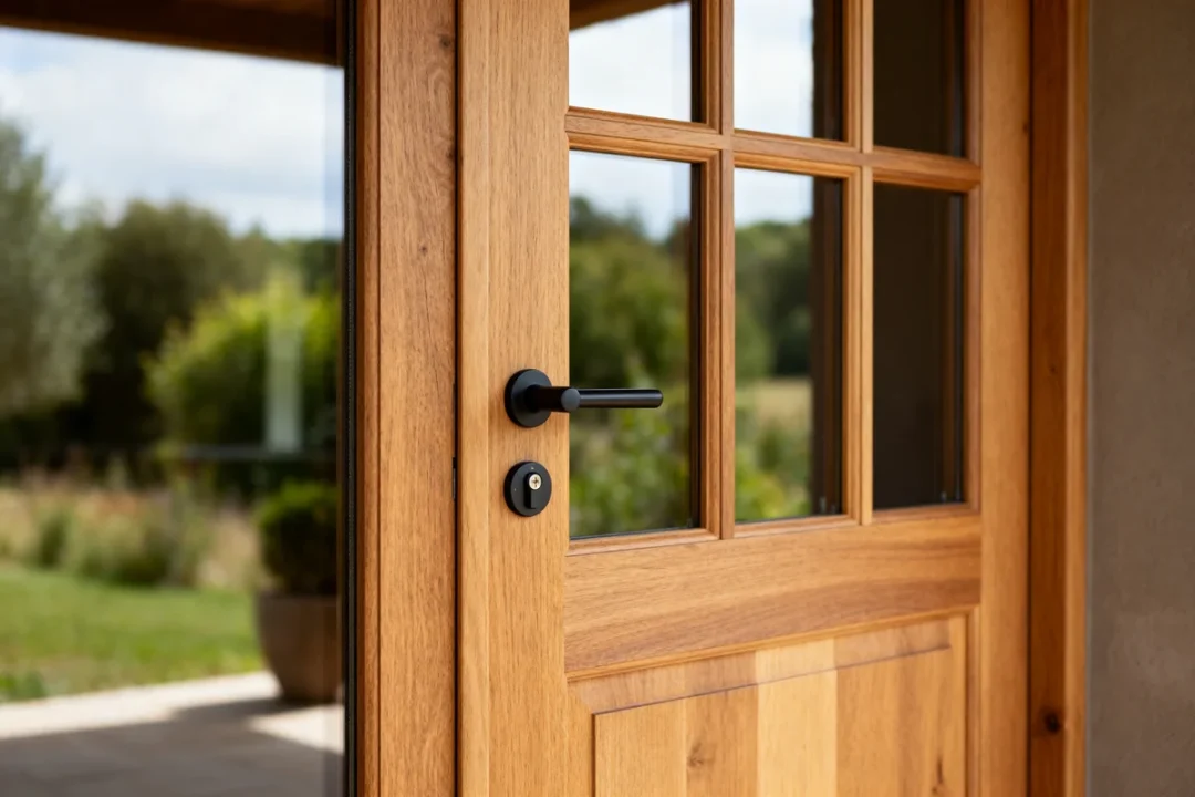 Vue rapprochée sur une porte d'entrée en bois vitrée et moderne avec poignée noire