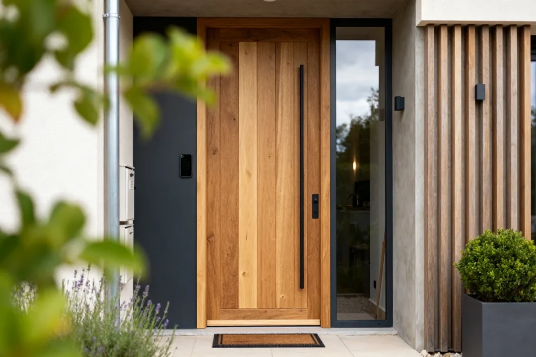 Porte d'entrée en bois moderne avec poignée noire et cadre vitré élégant