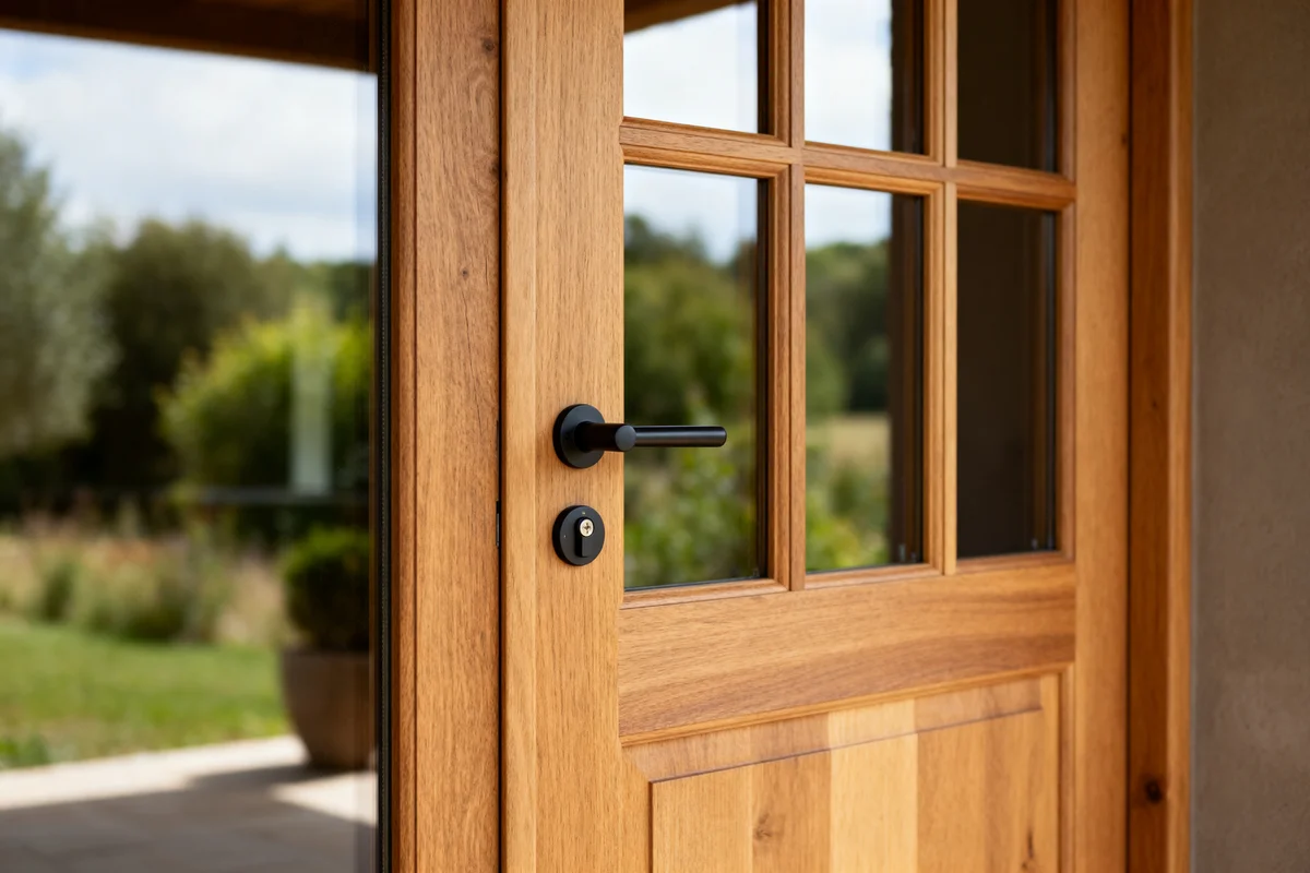Vue rapprochée sur une porte d'entrée en bois vitrée et moderne avec poignée noire