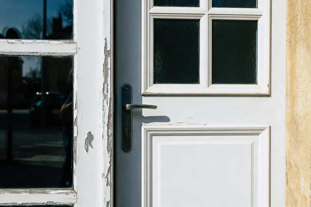 Vieille porte d'entrée en PVC blanche avec peinture écaillée et poignée métallique