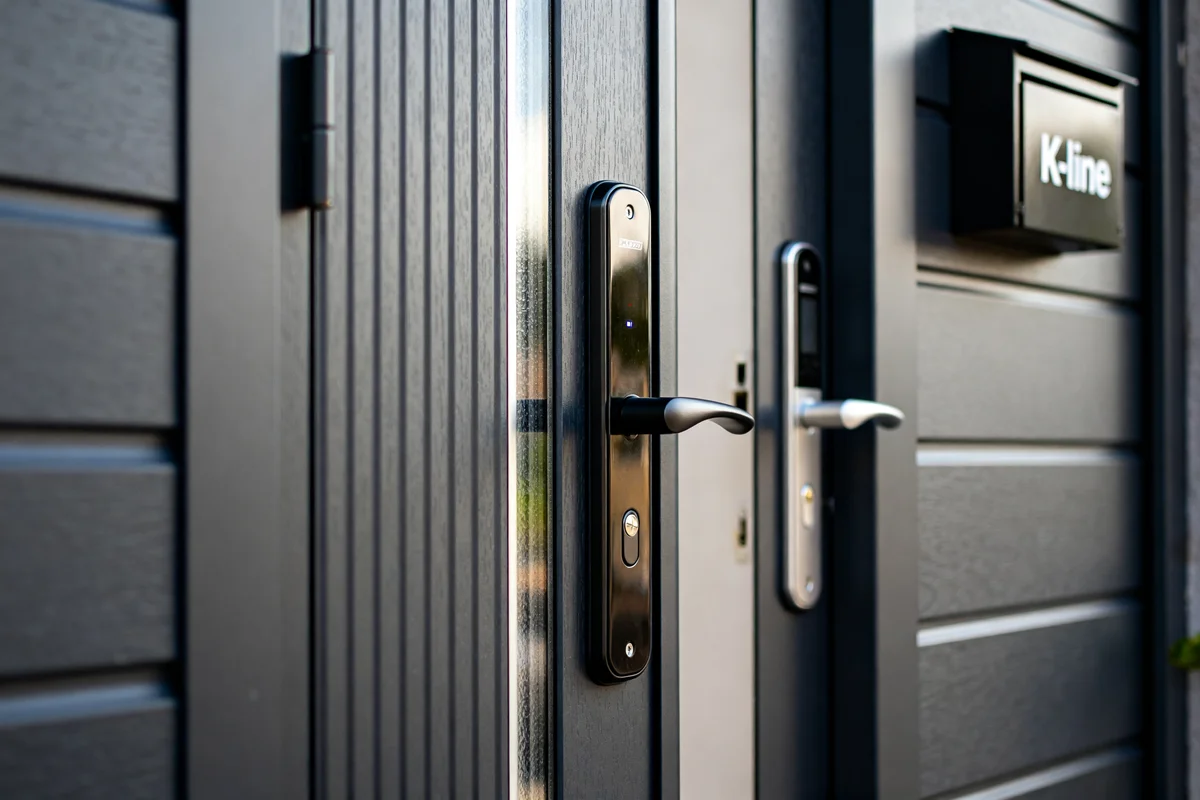 Porte d'entrée Kline noire avec poignée moderne montrée pour illustrer porte d'entrée kline prix