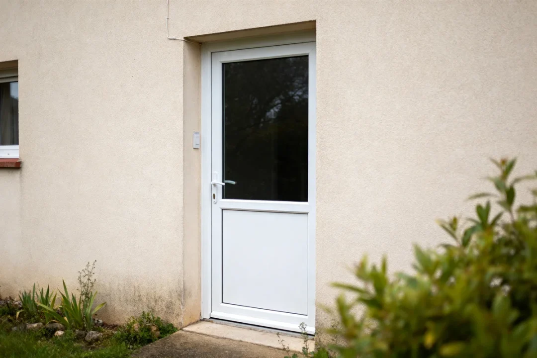 Porte d'entrée PVC vitrée blanche sur façade beige avec végétation adjacent