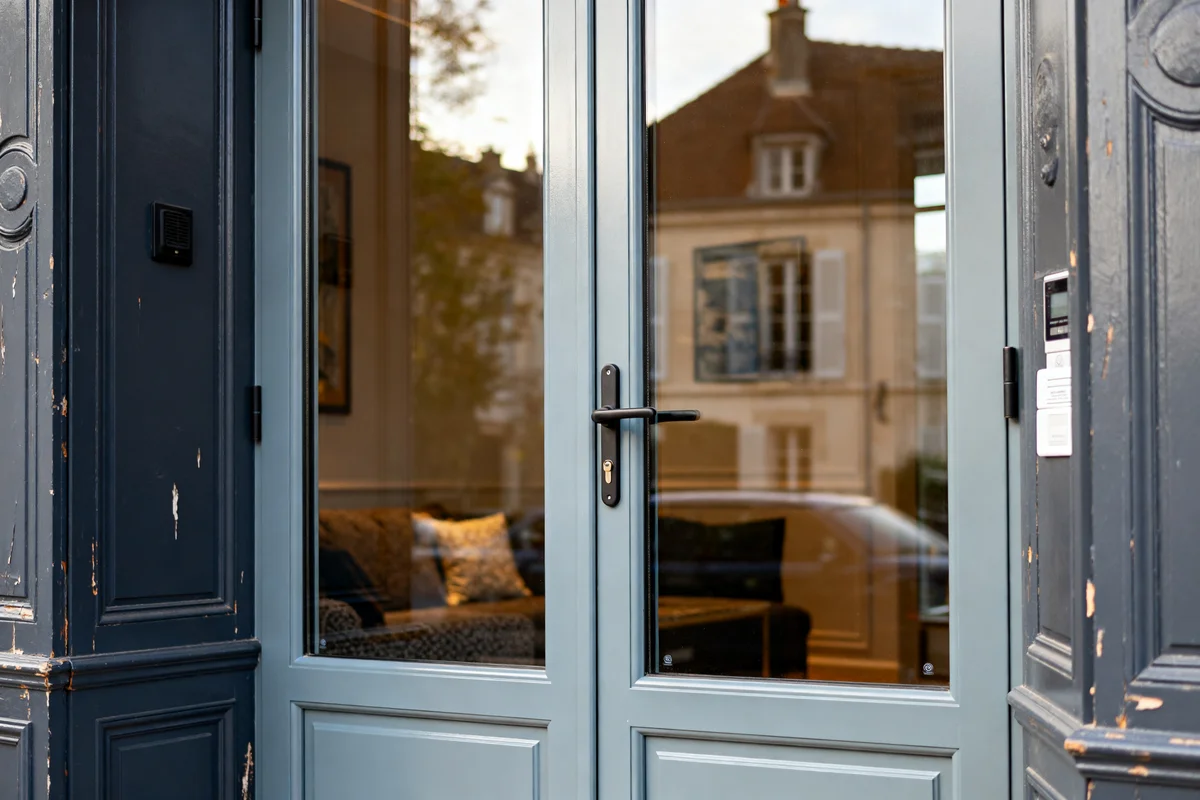 Porte d'entrée vitrée aluminium élégante et moderne avec reflet d'une maison ancienne