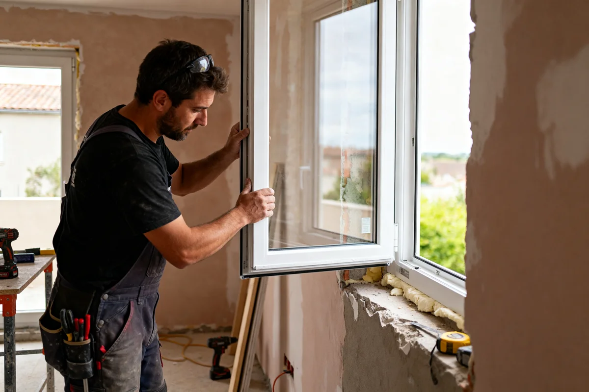 Ouvrier vérifiant l'ajustement lors de la pose d une fenêtre PVC dans un chantier