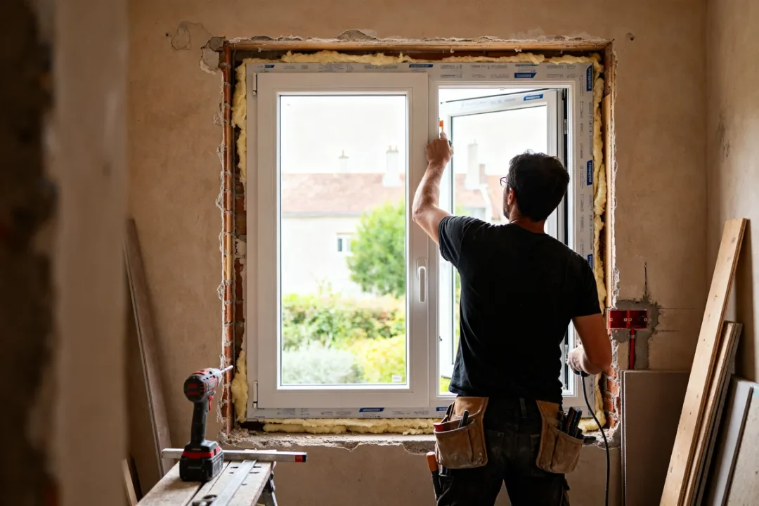 Homme en train de poser une fenêtre en rénovation avec outils et mur dénudé