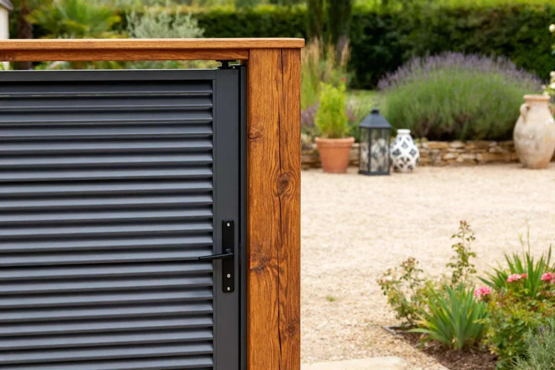 Portail coulissant moderne en métal et bois dans un jardin pour connaître le prix d un portail coulissant