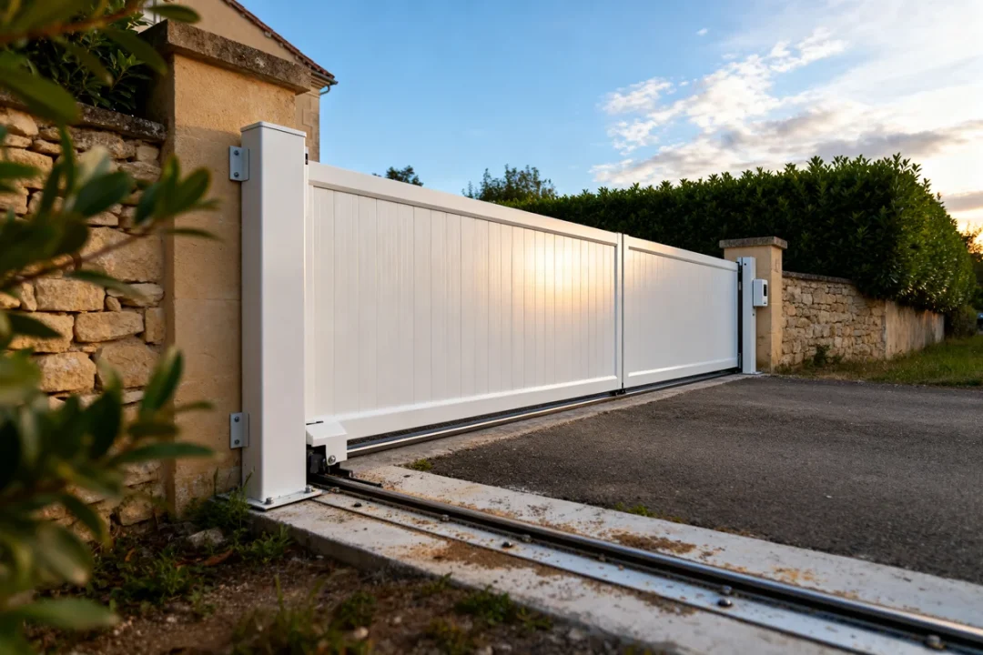 Portail coulissant électrique blanc dans une allée ensoleillée prix d un portail coulissant electrique