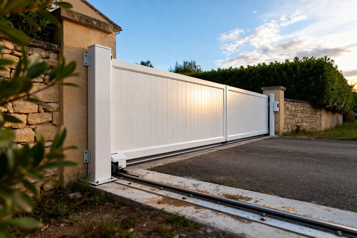 Portail coulissant électrique blanc dans une allée ensoleillée prix d un portail coulissant electrique