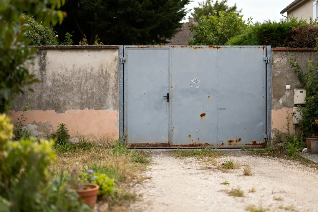Vieille porte de garage métallique rouillée montrant le prix d une porte de garage basculante