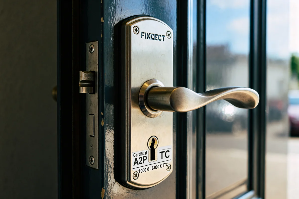 Poignée et serrure A2P d'une porte blindée Fichet ouverte avec prix affiché