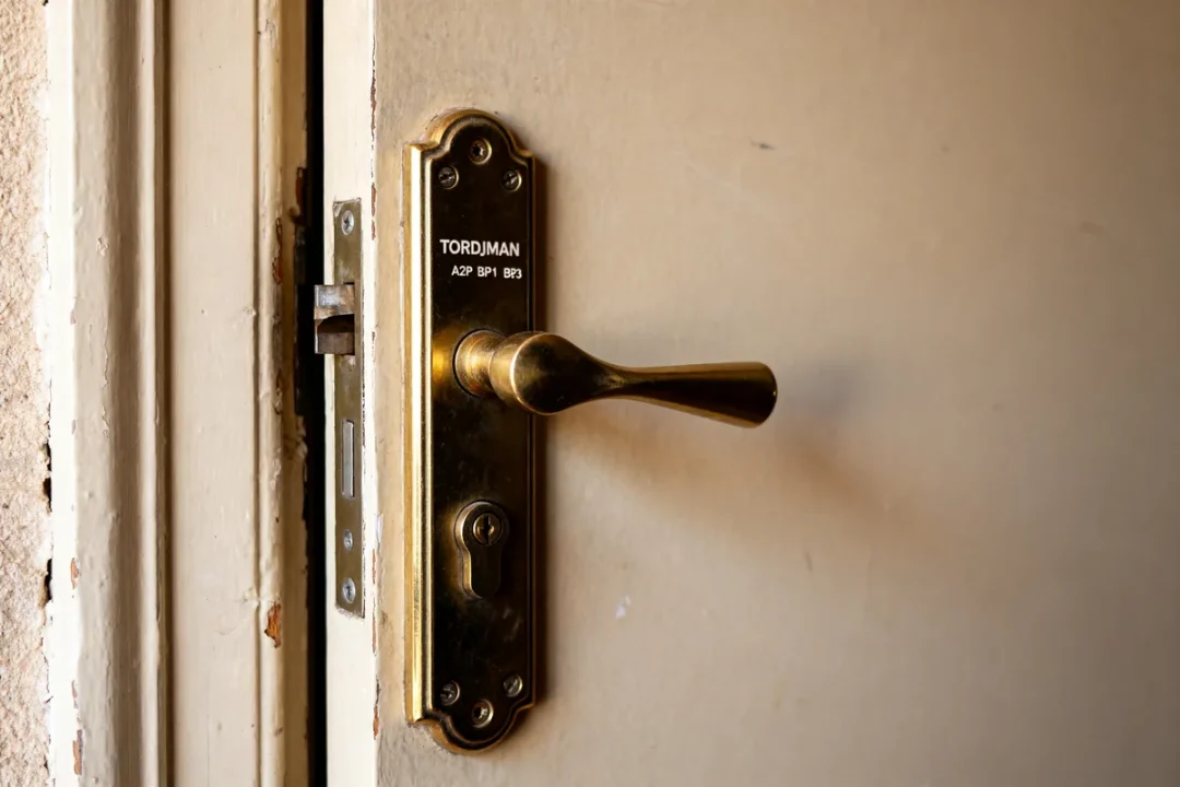 Poignée dorée de porte blindée Tordjman illustrant le prix d'une porte blindée tordjman