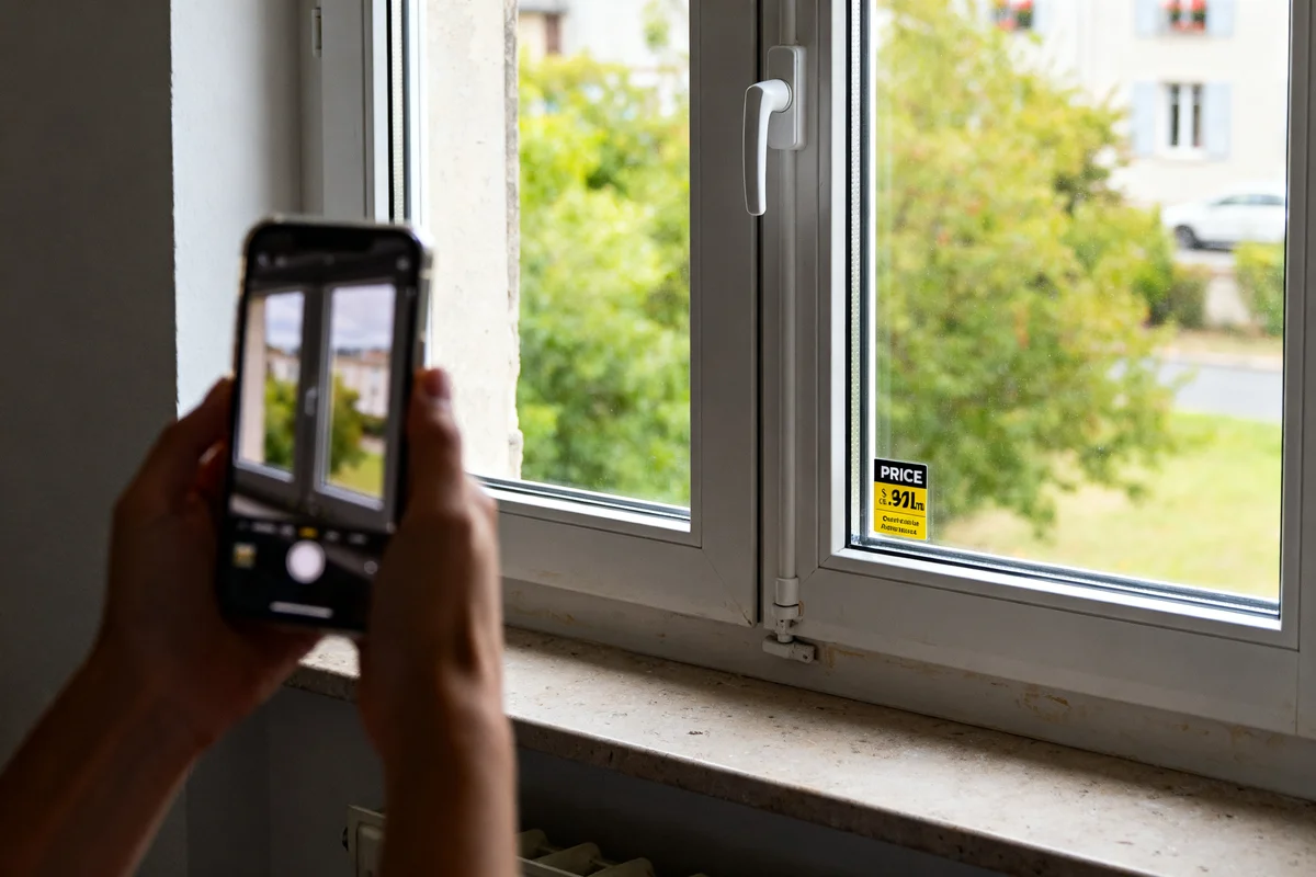 Personne photographiant une fenêtre avec prix fenêtre affiché sur l'étiquette accroché au verre