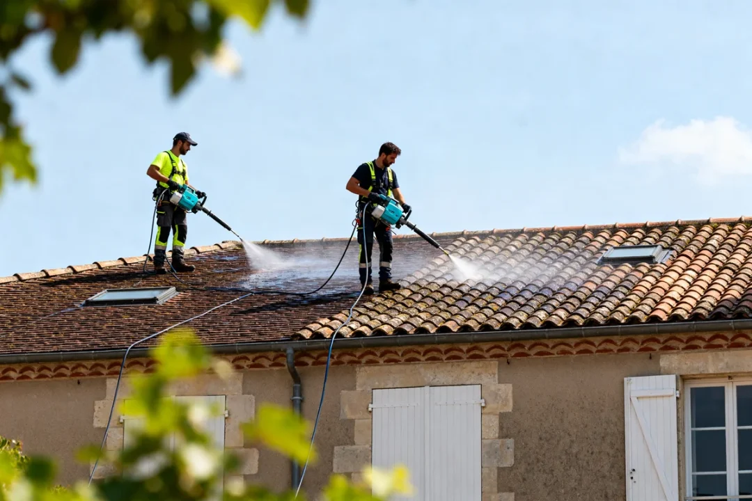Deux ouvriers nettoient un toit avec lance à eau haute pression prix nettoyage toiture 100 m2