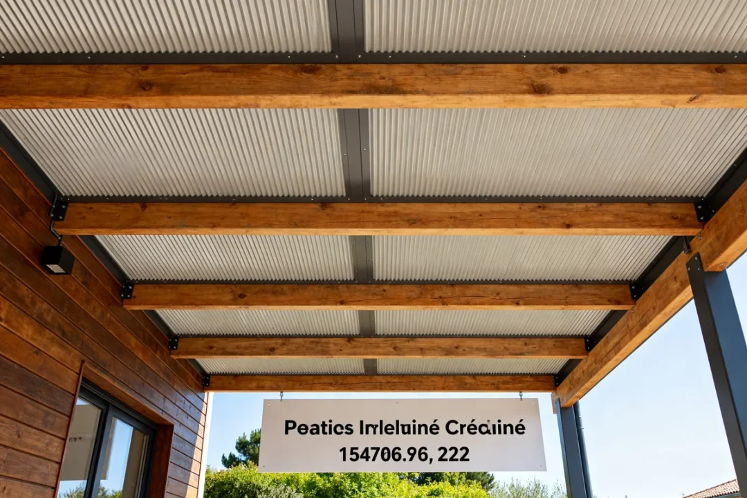 Vue en contre-plongée d'une pergola moderne en bois et métal avec prix pergola bioclimatique visible