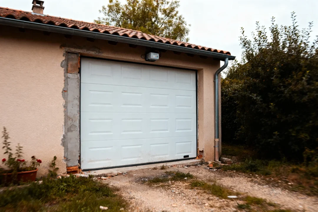 Garage beige avec porte blanche installée montrant prix porte de garage avec pose abordable
