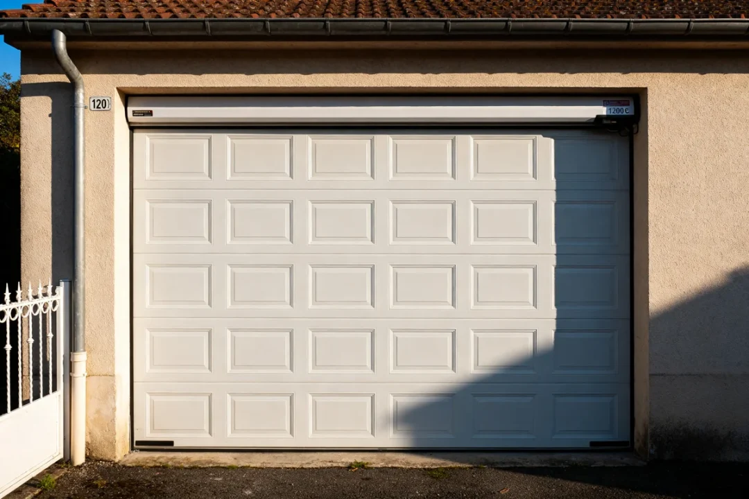 Porte de garage motorisée blanche, prix porte de garage motorisée affiché sur l'image.