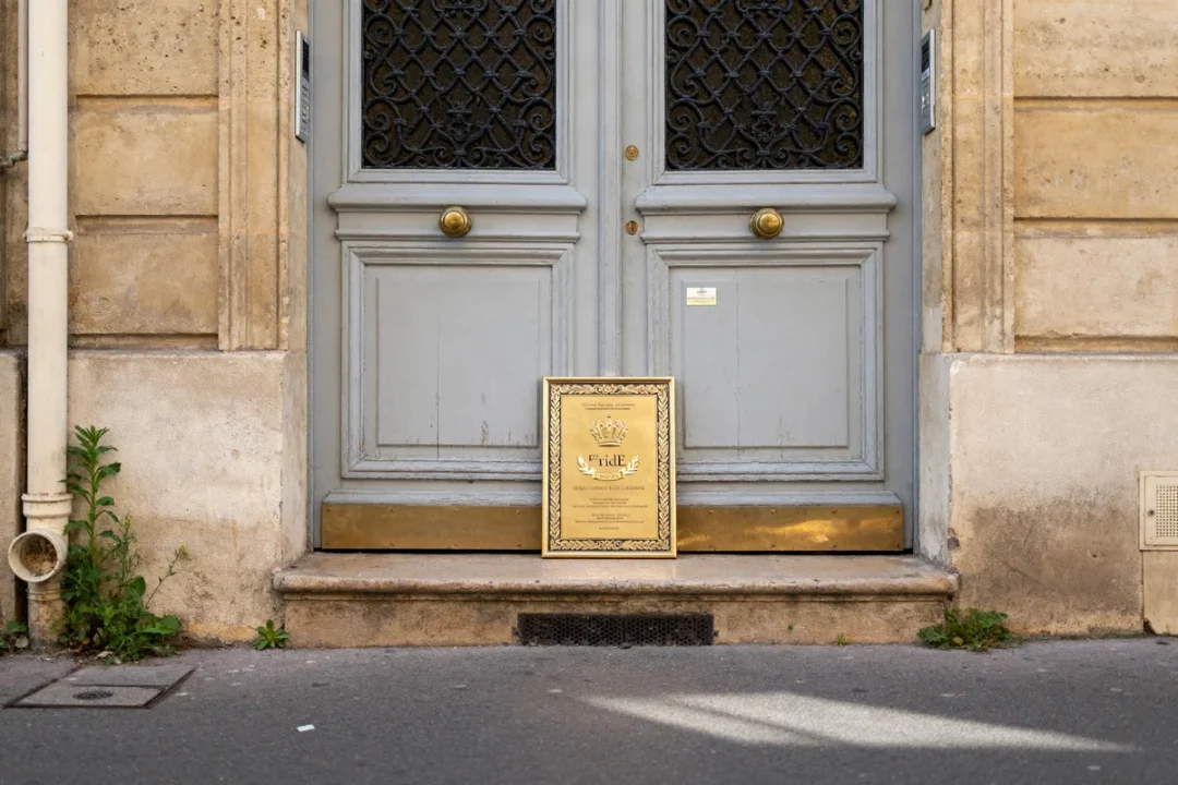 Porte d'entrée grise ancienne avec plaque dorée prix porte d'entrée avec pose au sol