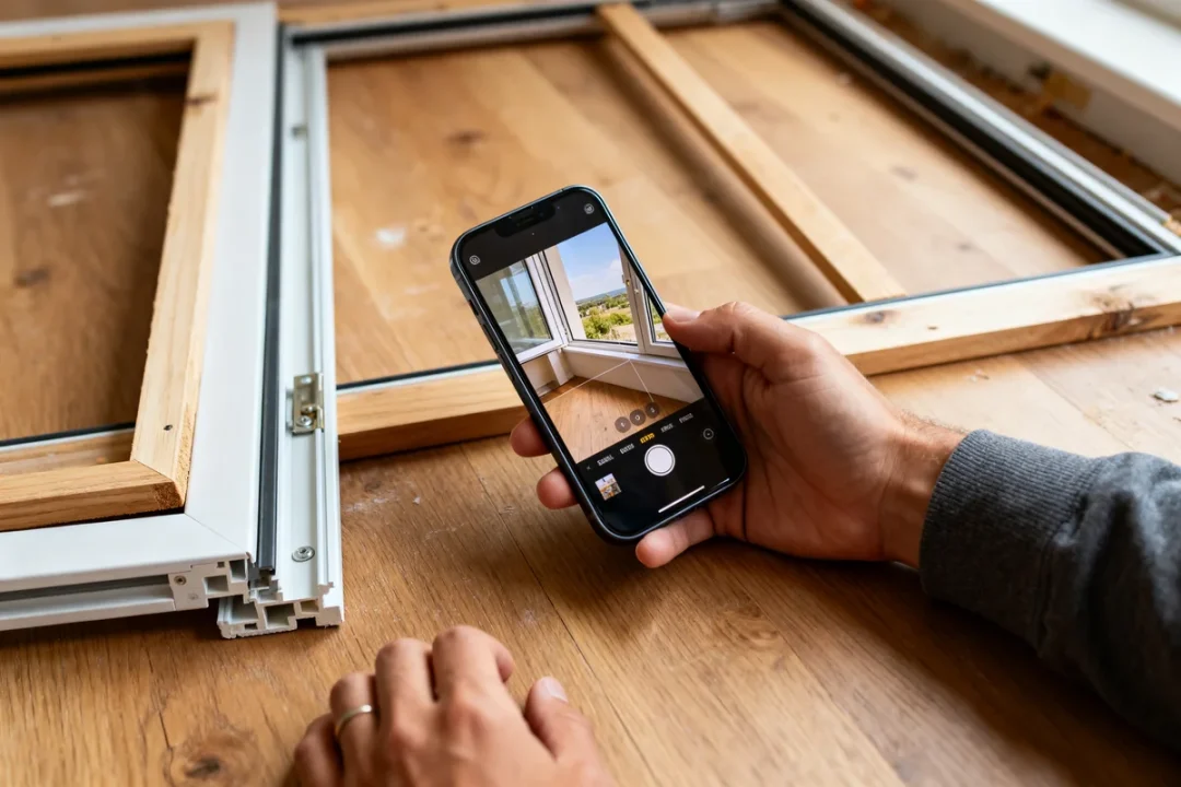 Main photographiant cadre avec smartphone pour évaluer prix porte fenêtre double vitrage