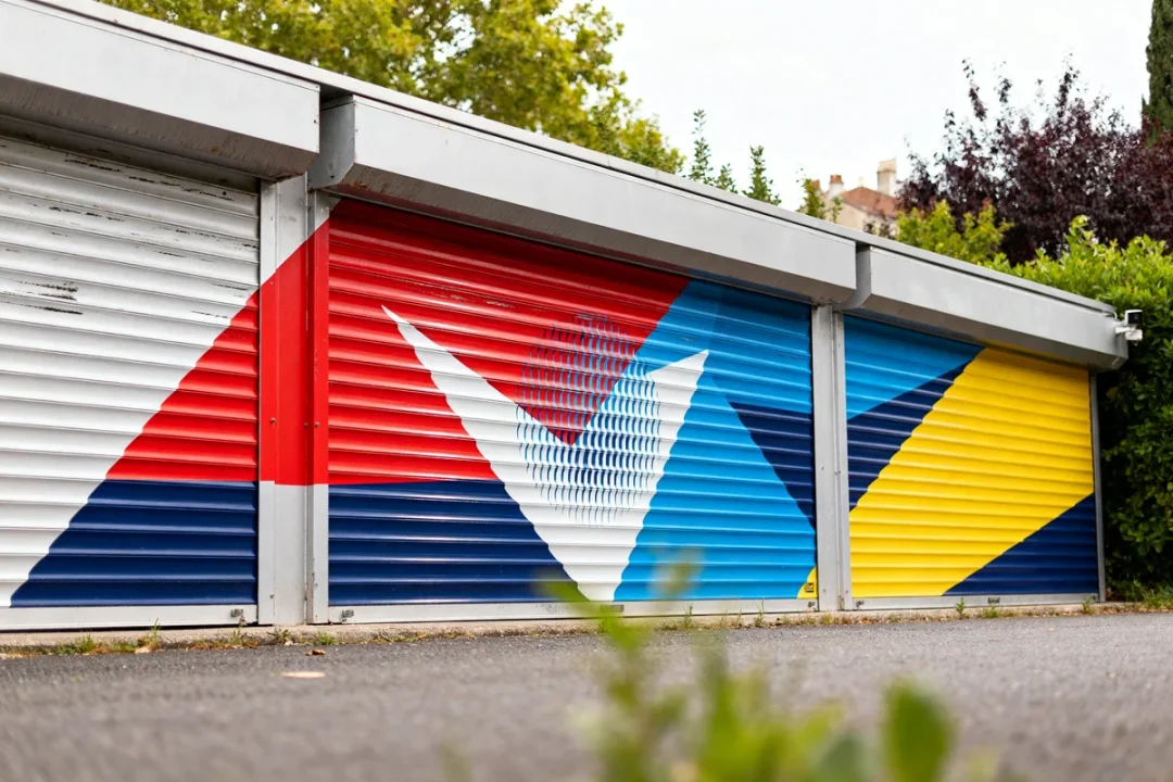 Vantaux de garage peints en bleu, rouge et jaune évoquant prix store banne compétitif