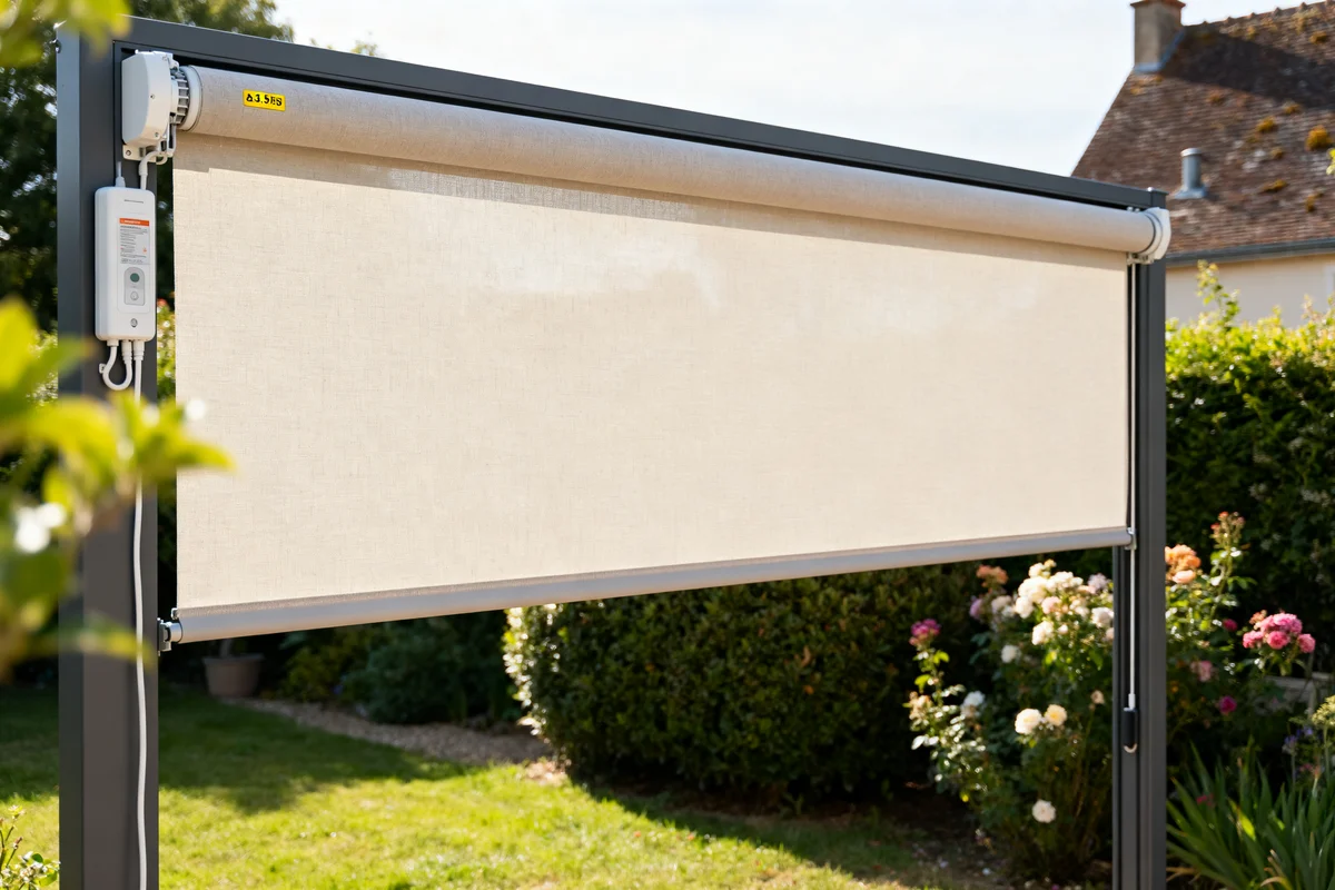 Store banne électrique beige déplié dans un jardin, contrôler le prix store banne électrique