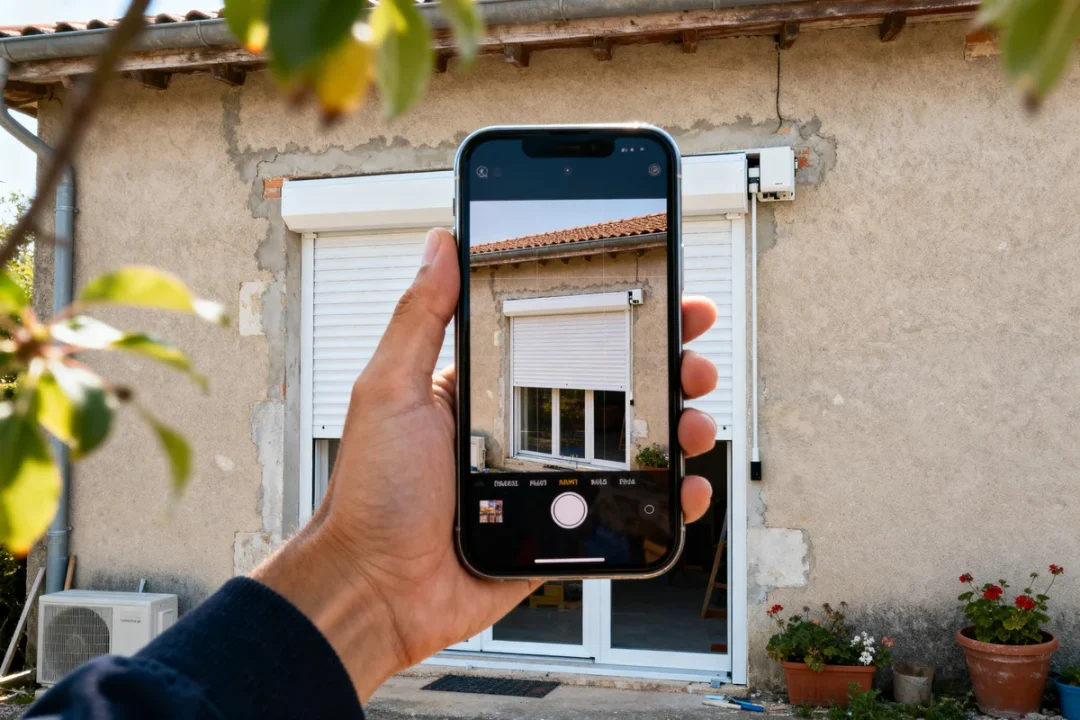 Main tenant un smartphone photographiant des volets roulants installés prix volet roulant avec pose