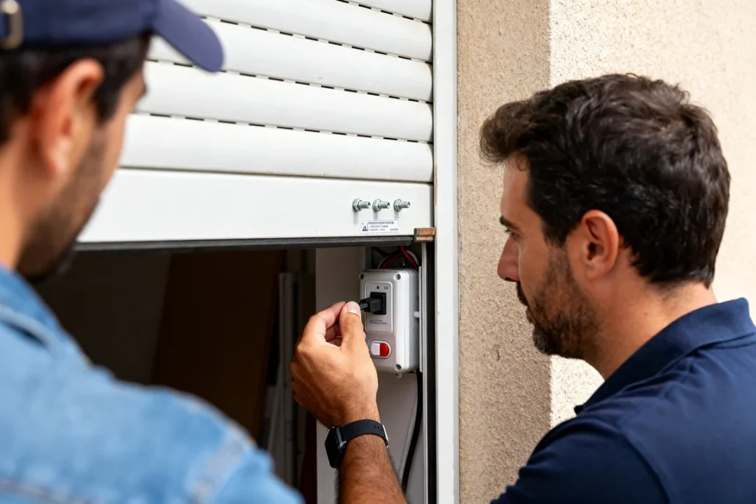 Deux hommes effectuant le réglage d'un volet roulant électrique avec précision et attention