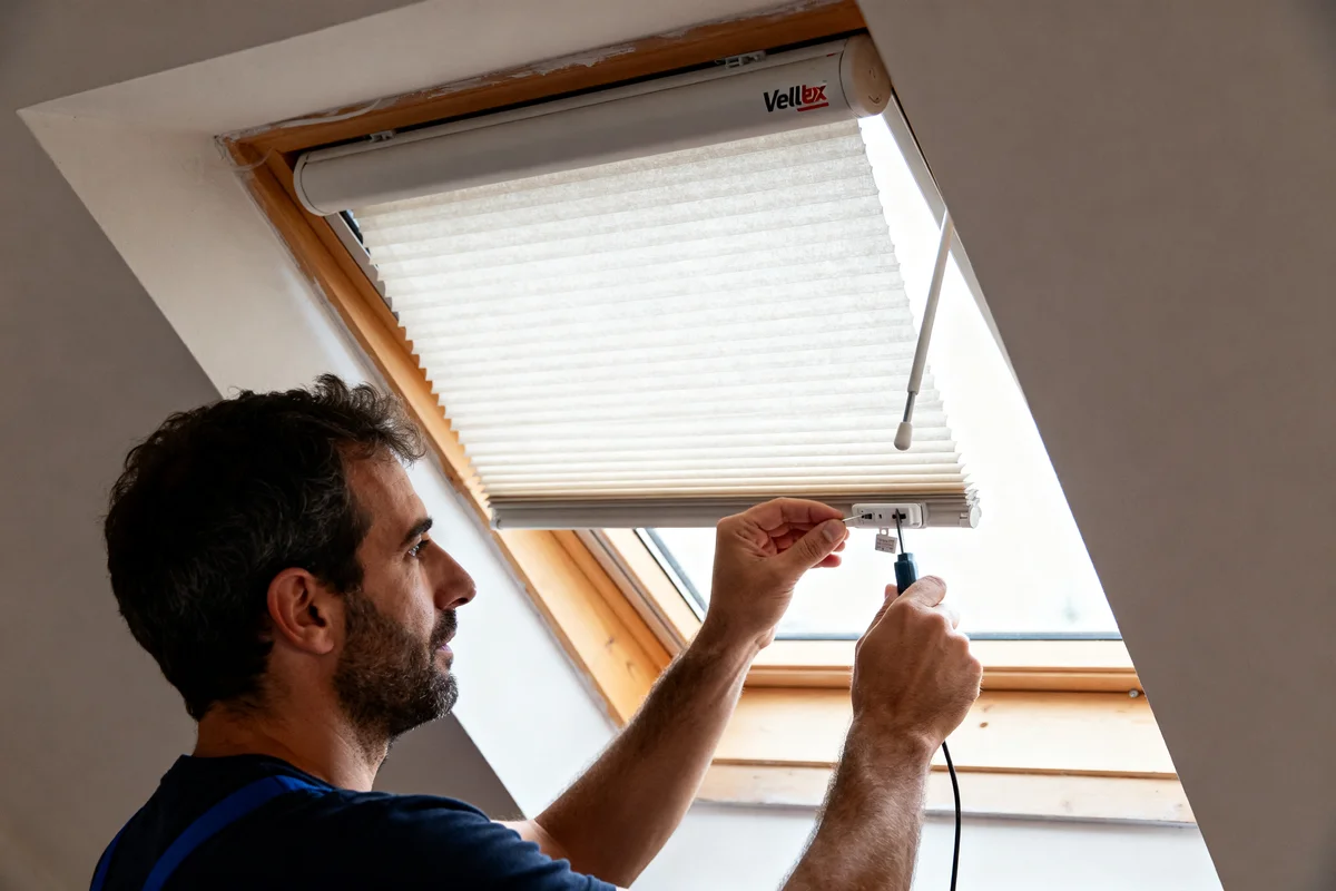 Technicien réinitialisant volet roulant Velux solaire avec un tournevis sur une fenêtre de toit